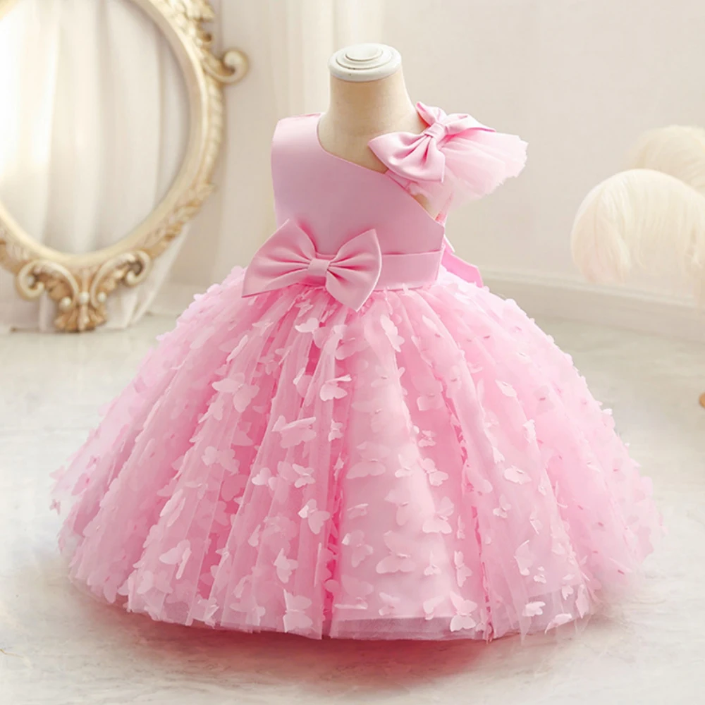 Fashion Butterfly Tulle Baby Party Girl Princess Dress Big Bow First 1st Birthday Flower Girls Tutu Dresses Baptism Evening Gown