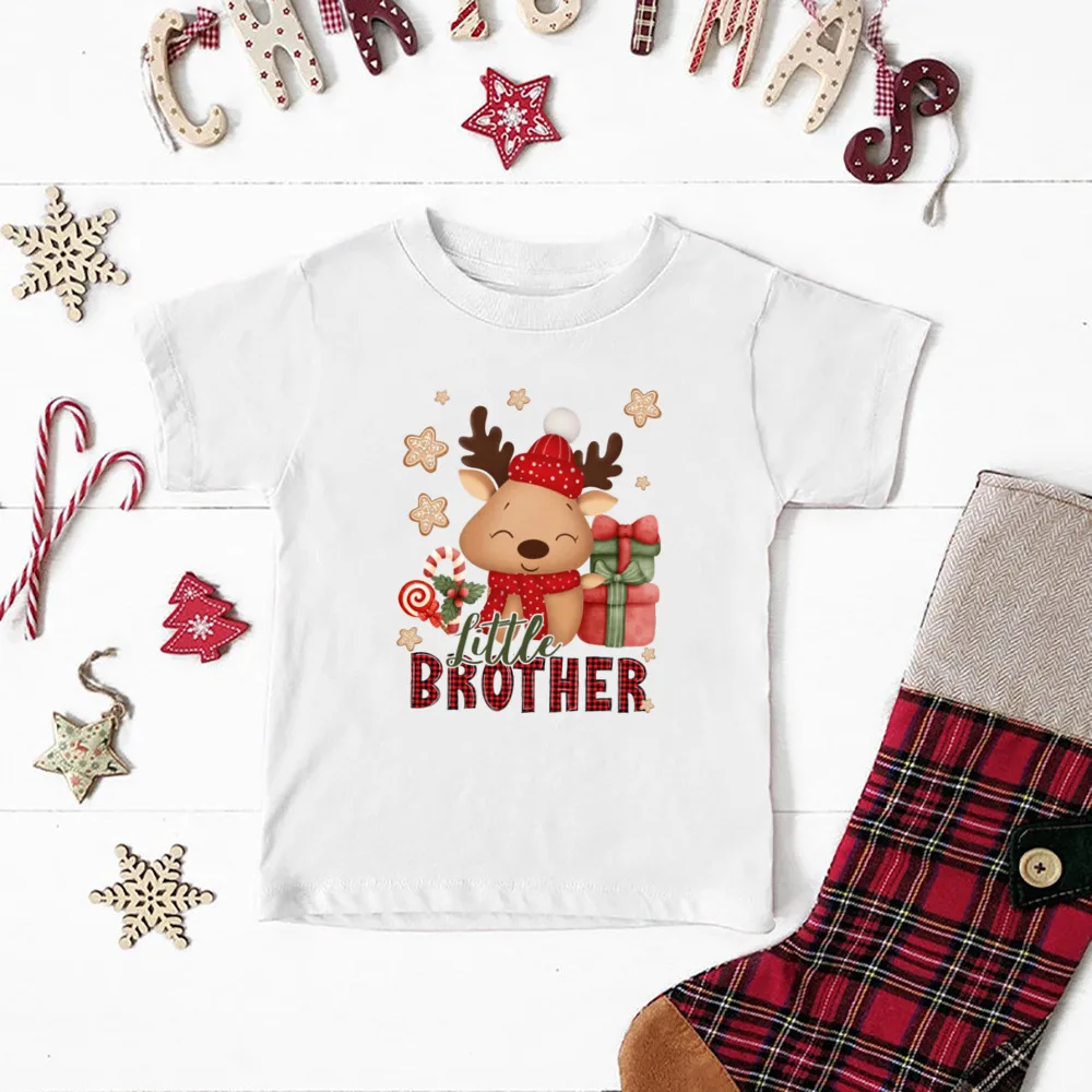 Deer Big Brother Little Sister Print Kids Shirt Christmas Party Boys Girls Outfit Holiday Sibling T-shirt Child Short Sleeve Tee