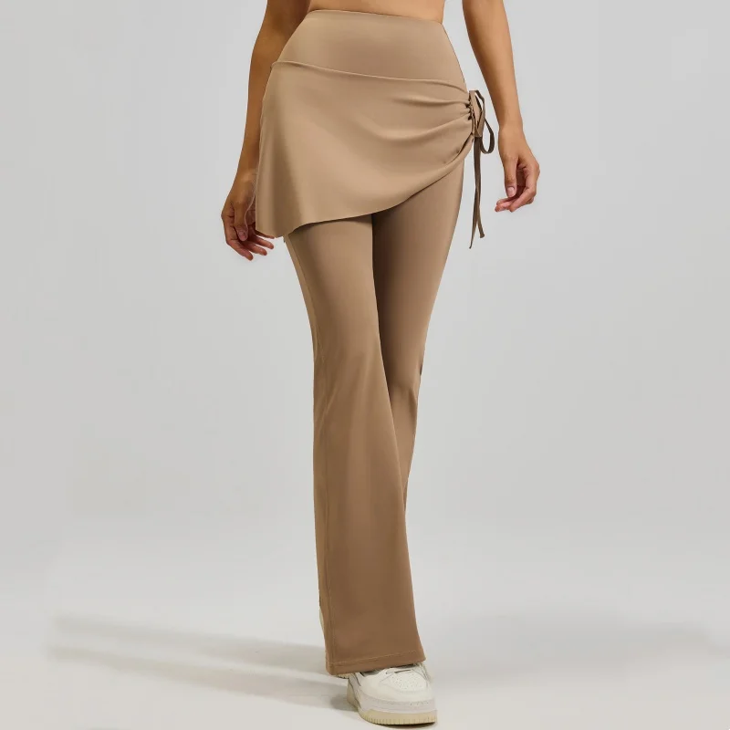 Women's Flared Yoga Pants High Waist Fake Two Piece Drawstring Pleated Wrap Skirt Trouser Tummy Control Running Workout Pants