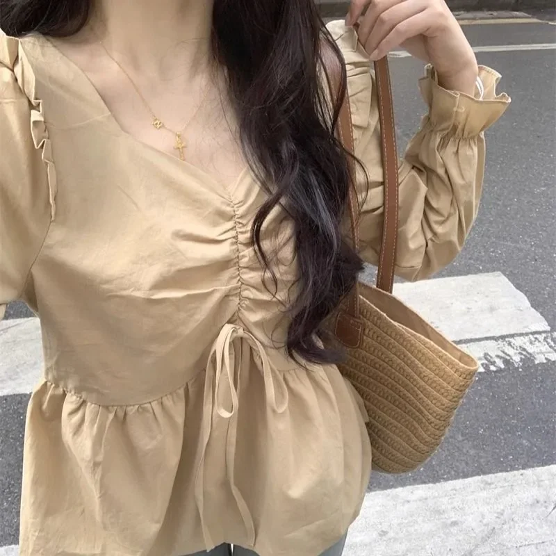 

V-neck Blouses For Women Korean Style Simple Solid Lace-up Backless Niche Design Elegant Ins Girls Fashion Spring Long Sleeve