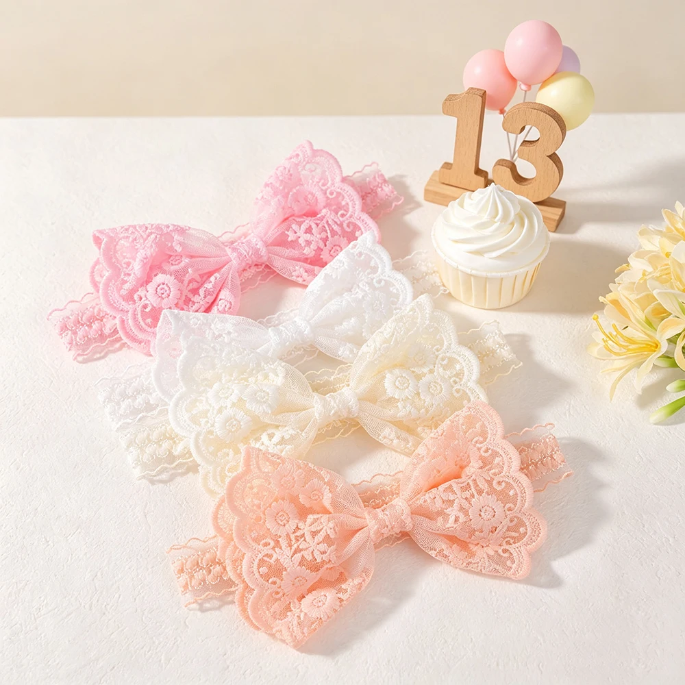 4Pcs/set White Pink Cream Lace Flower Bow Baby Headbands Soft Stretch Hair Band Toddler Girls Photography Props