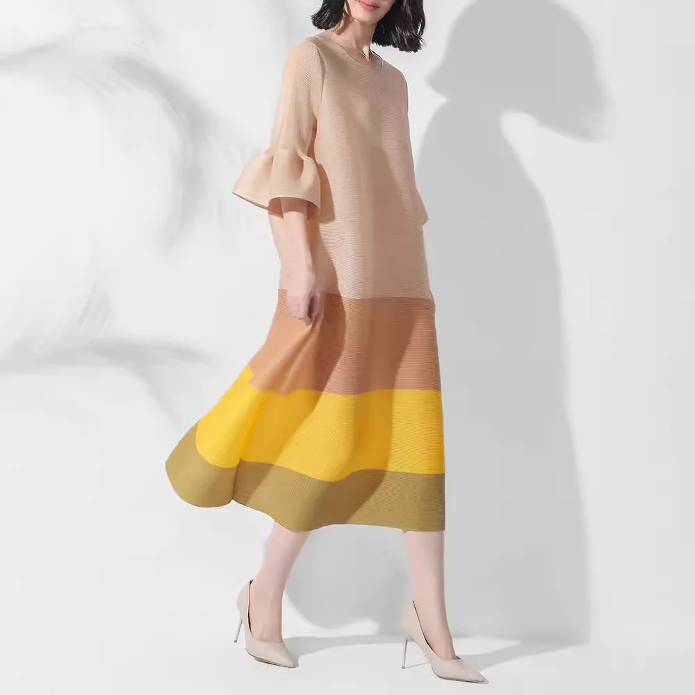 

Miyake Color Blocked Pleated Dress Women Round Neck Flare Sleeves Loose Mid Length Female Elegant Clothing 2025 Summer