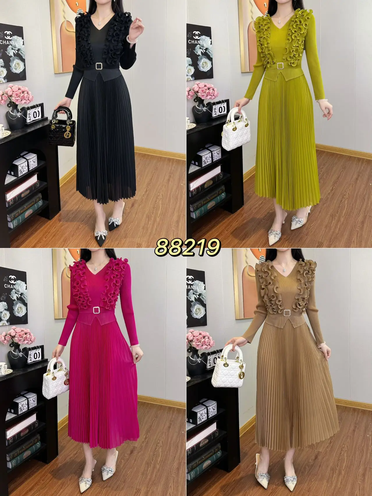 

Miyake Pleated 2025 Autumn and Winter V-neck Three-dimensional Pleated Dress, Pleated Mid Length Long Sleeved Slim Fit Dress