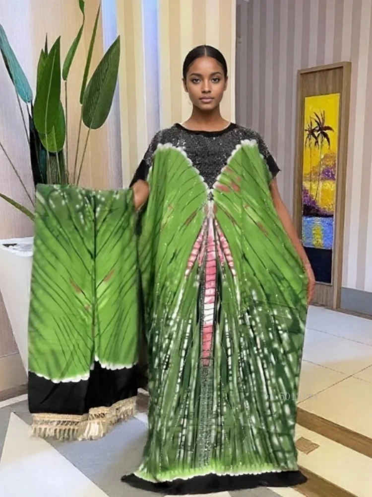 

2025 Elegant African Print Robe Scarf Diamond Casual Heavy Industry African Print Women's Cotton Dress