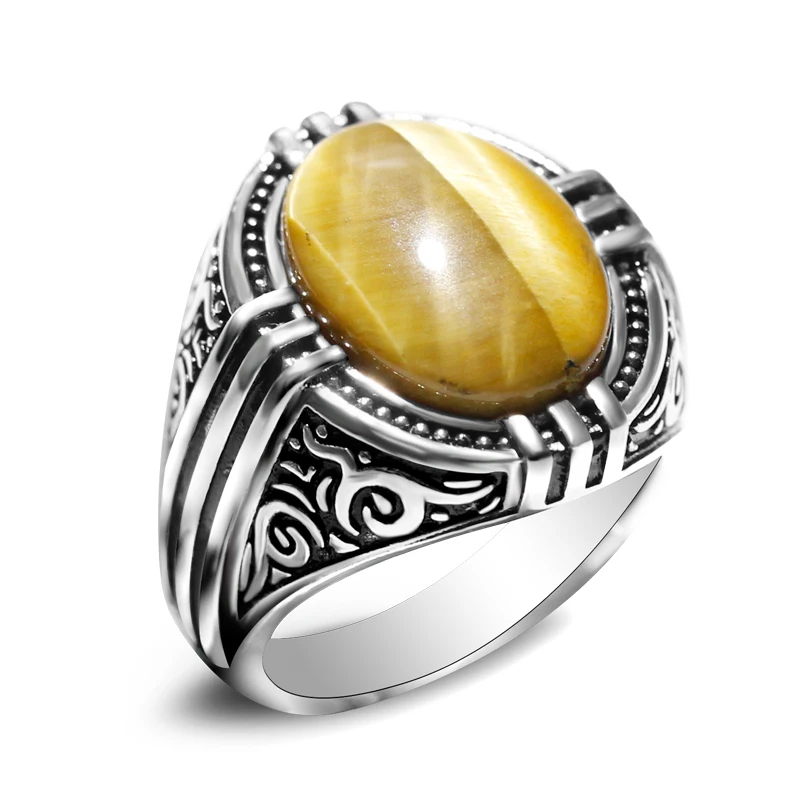 

Sterling Silver 925 Men's Ring Türkiye Classic Vintage Natural Tiger Eye Stone Fashion Jewelry Punk Women's Ring Free Shipping