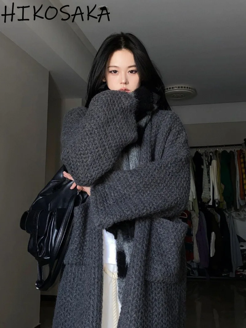 Harajuku Grunge Punk Casual Loose Long Cardigan Korean All-match Big Pockets Open Stitch Sweater 2024 Fall Winter Warm Knit Coat