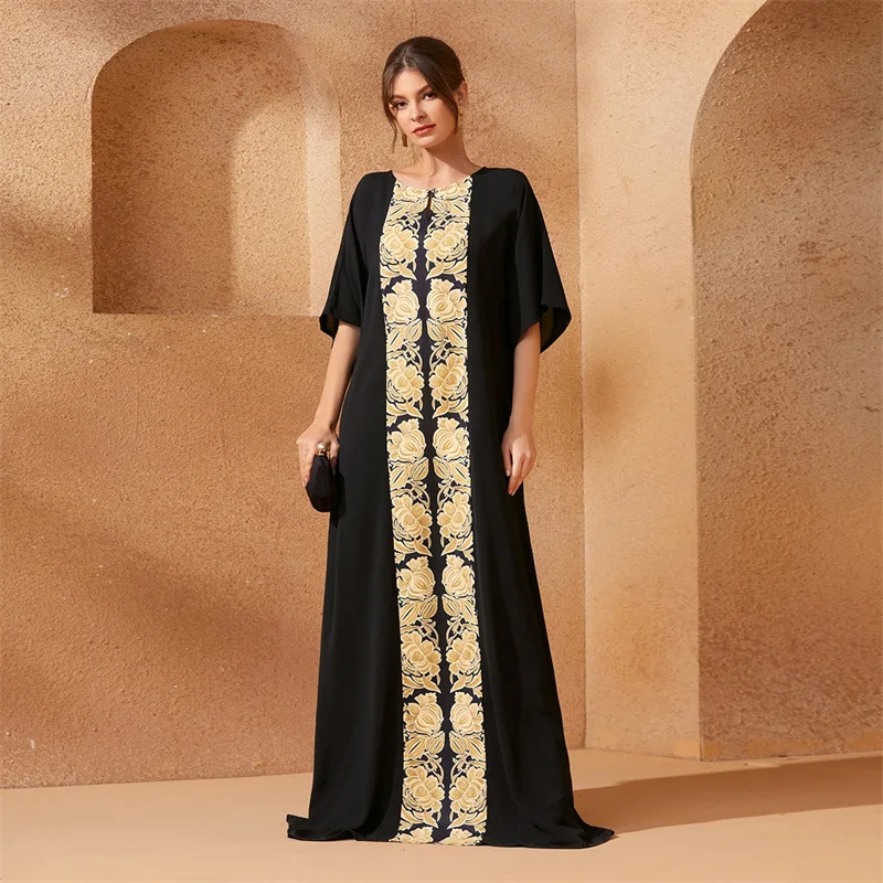 Cross-Border Foreign Trade Hot Sale Middle East Arab Turkey Maxi Dress Golden Printing Black Dress Medium Long Sleeve