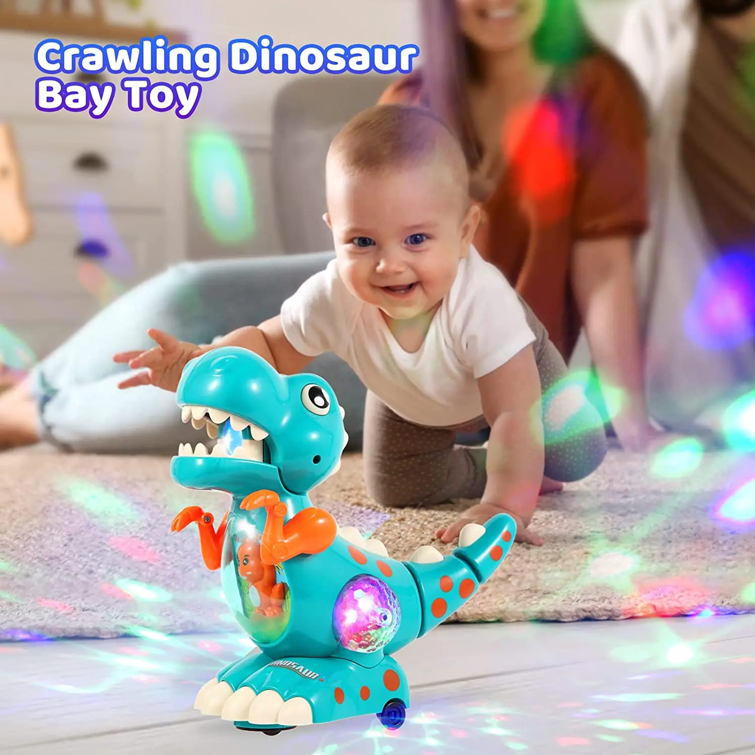 Brinquedos para bebês de dinossauro rastejante para 3 anos, brinquedos para barriga com música e luzes LED coloridas musicais interativos