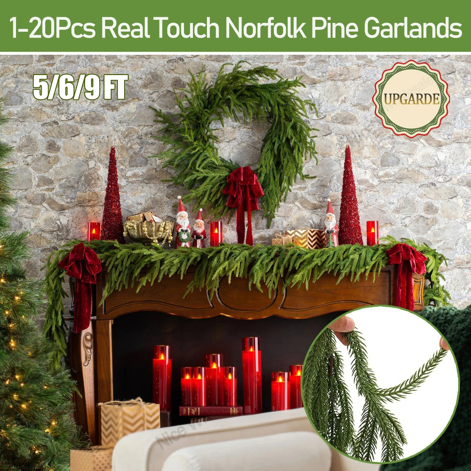 

1-20Pcs Christmas Norfolk Pine Garland Dense Real Touch Greenery Garland Artificial Xmas Wreath for Fireplace/Table Home Decor