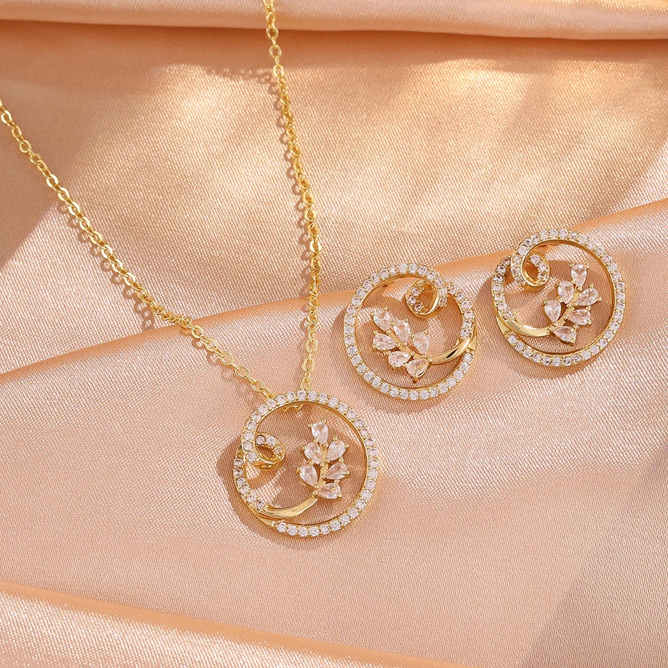 ZAKOL Zirconia Flower Leaf Pendant Necklace Earrings Set