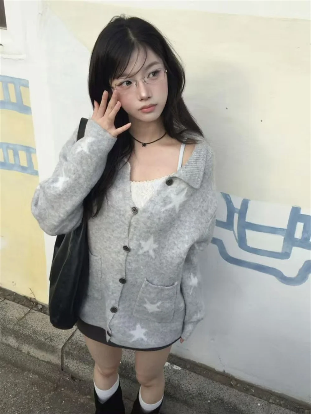 

Unique SEI Japanese Girl Star Embroidery Knit Loose Cardigan Sweater Flip Collar Versatile Autumn Winter Soft Retro Style Wom...