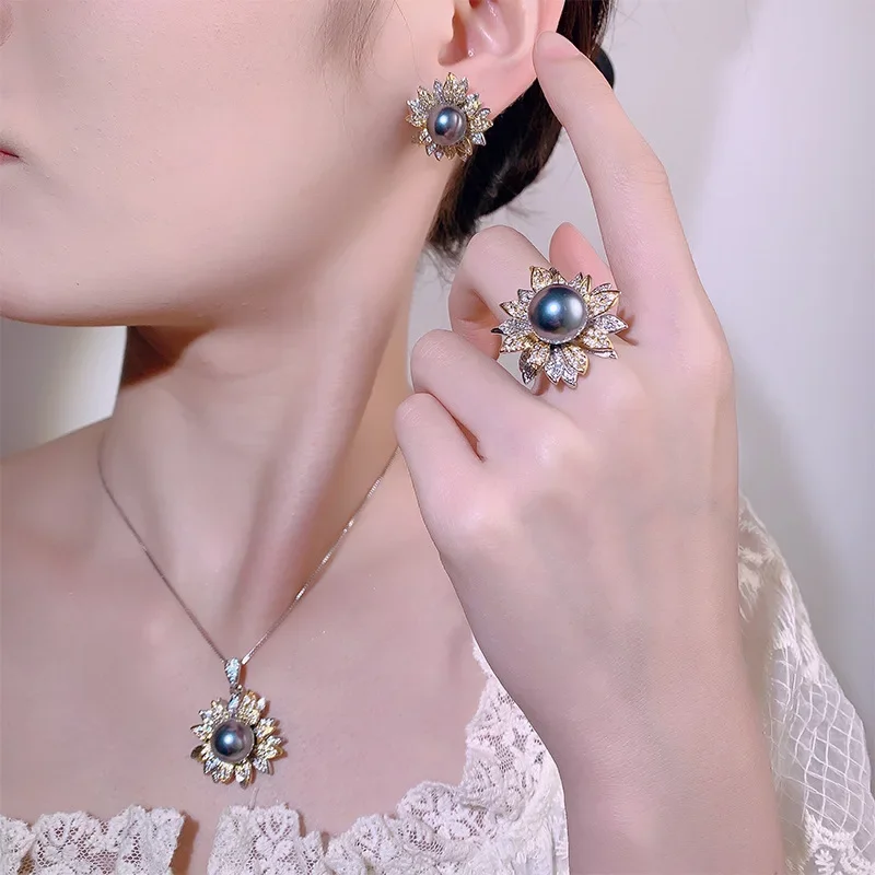

Sunflower Petal Design Earrings Necklace Adjustable Ring Gray Pearl with Silver Accents Elegant Lustrous Jewelry for Women Gift