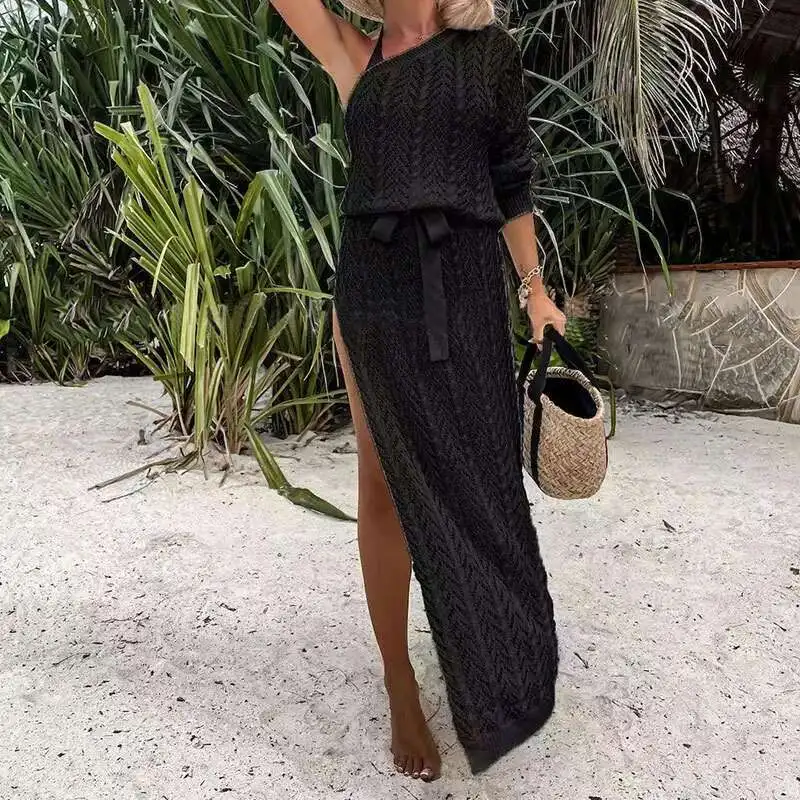 Asymmetric Hollow Knitted Women's Sexy One Shoulder Sleeve Beach Cover Up Dress Holiday High Split Sun Protection Dresses