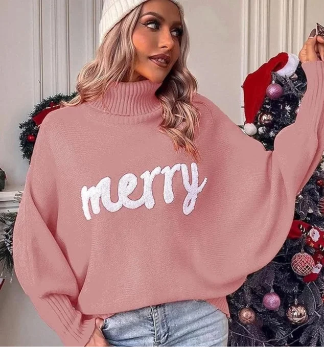 

Women's Christmas High Neck Sweater - Autumn/Winter Oversized Batwing Sleeve Knit Top