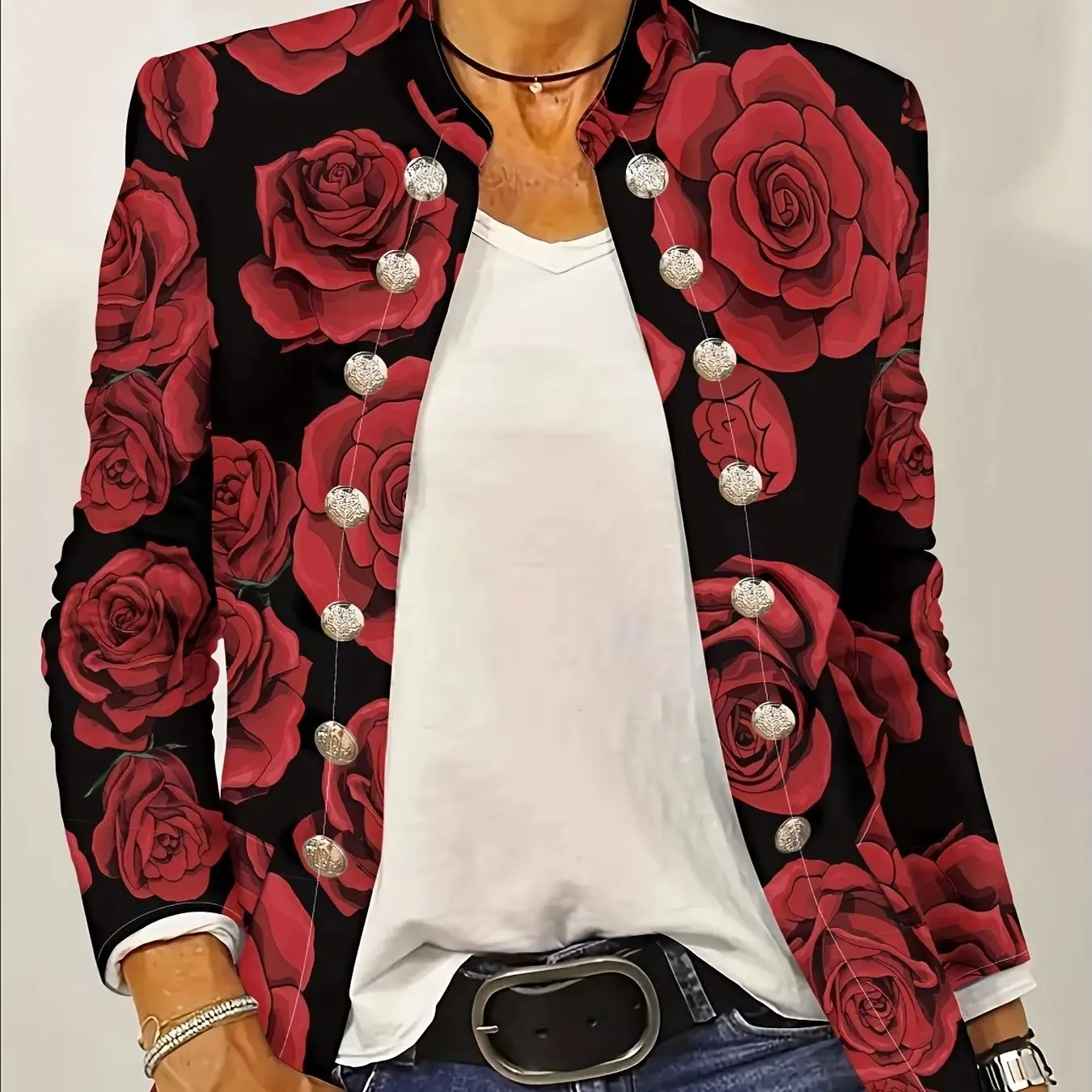 Women Black Red Rose Large Floral Print Blazer Stand Collar Long Sleeve Double Breasted Decorative Button Slim Jackett