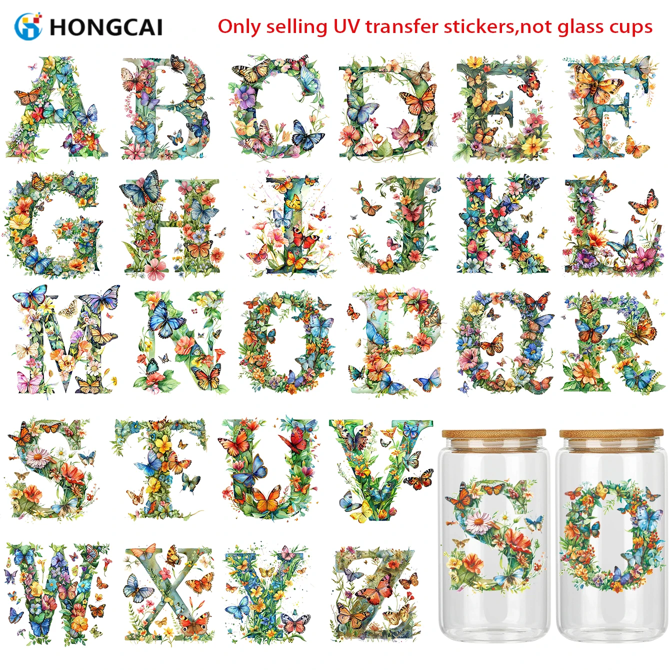 

26-Piece Floral Butterfly Art Alphabet UV DTF Stickers - High-Quality DIY Decorative Stickers, Easy to Apply, Vibrant Colors