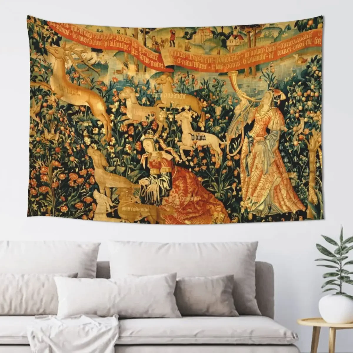 MEDIEVAL DEER HUNTING SCENE WITH LADIES AND DOGS Antique Tapestry Luxury Living Room Decoration Aesthetic Room Decor Tapestry