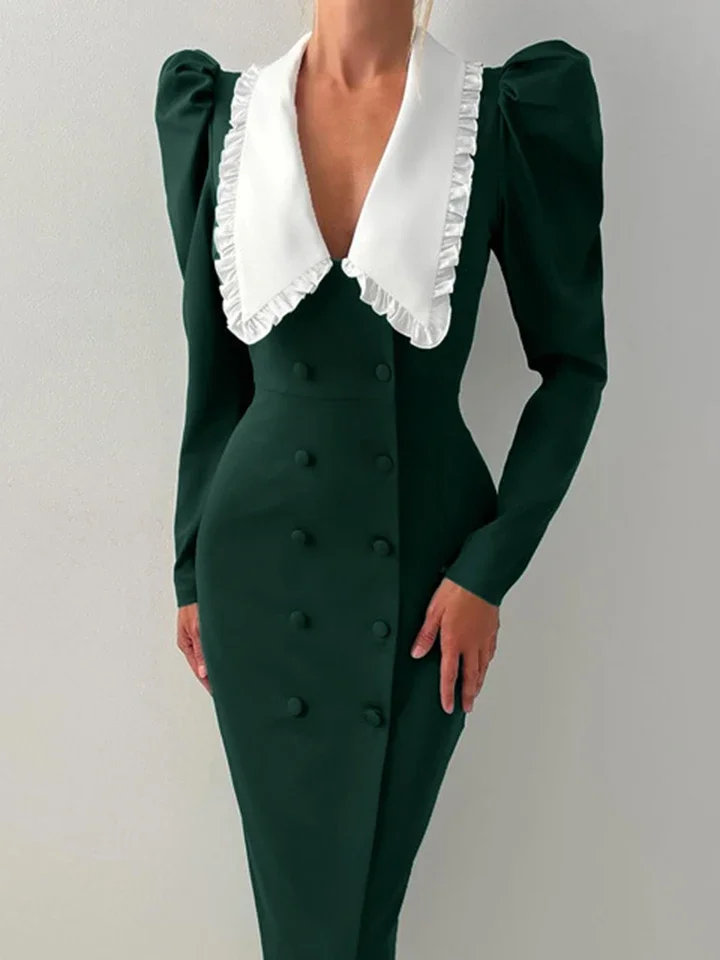 

Elegant Puff Long Sleeve Double Breasted Banquet Dress Spring New Women Dress Vintage Contrast Color Peter Pan Collar Fit Dress