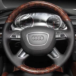 For Audi Q7 Q3 Q5 2013-2016 A4 (B8) 2014 2015 A6 (C7) Hand-stitched Black Genuine Leather peach wood grain Steering Wheel Cover