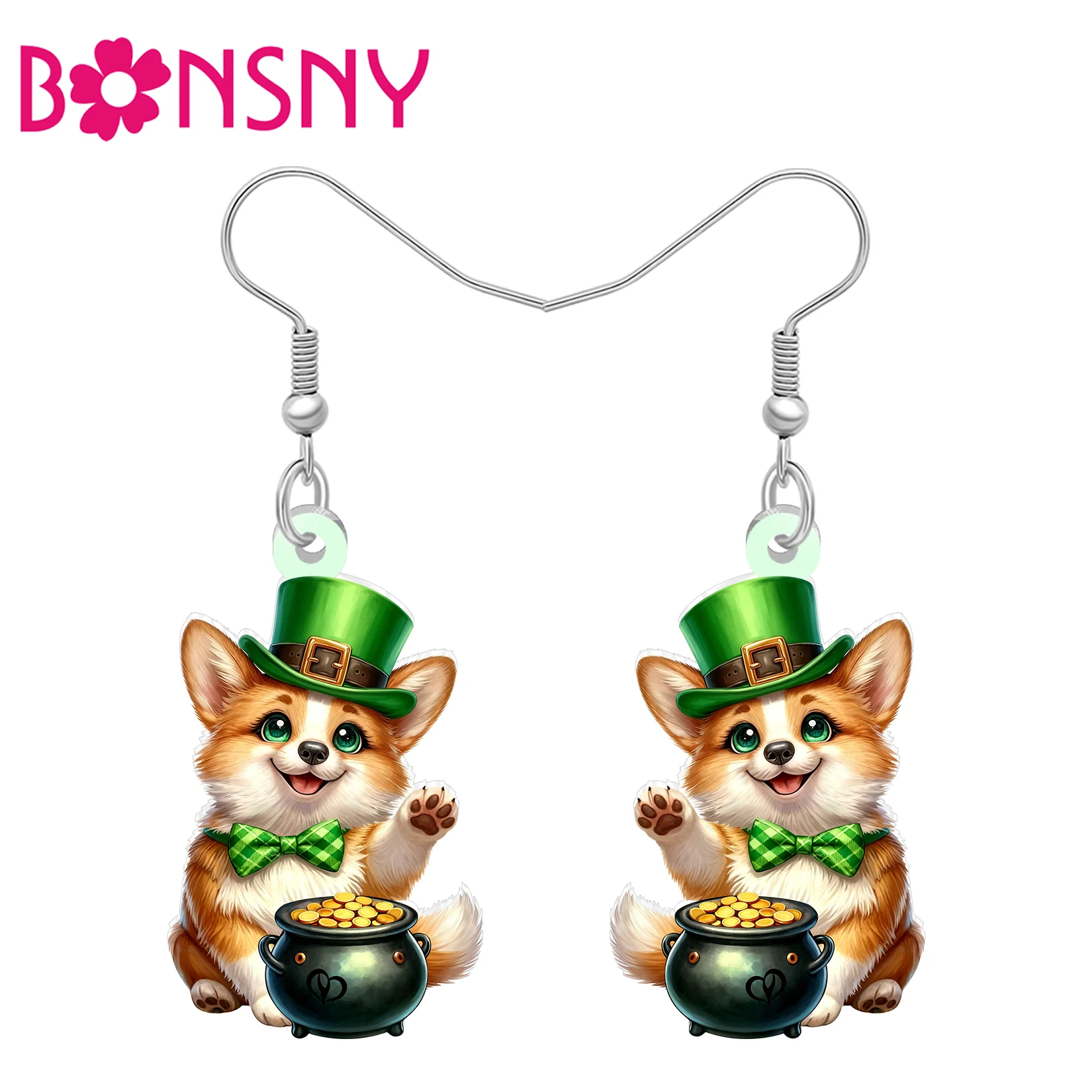 BONSNY Acrylic St Patricks Day Corgi Earrings Gold Coin Cartoon Puppy Animals Jewelry Irish Holiday Gifts For Women Dog Lovers