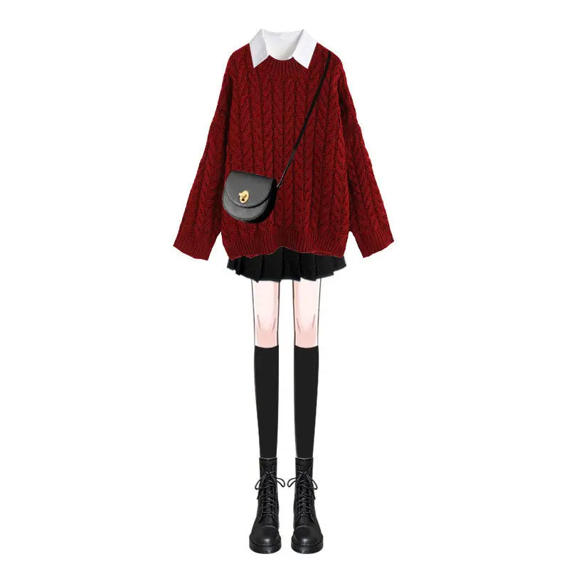 Women\'s Autumn Winter Lucky Red Sweater Shirt Pleated Mini Skirts 1 or 3 PCS Set Korean Lady Casaul Joker Knit Tops Skirt Outfit