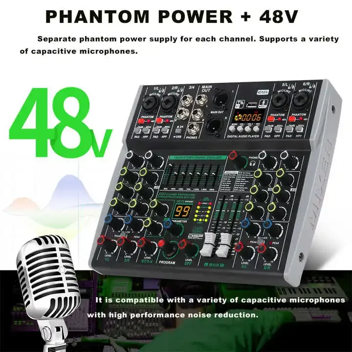 

Mini 4 Channels Audio Mixer Individual 48V Phantom Power 99 DSP Effects BT USB Mixing Console For Record And Podcast