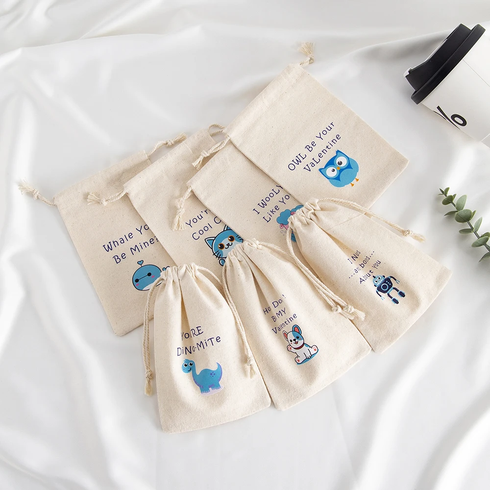 5 Stück Schmuckbeutel mit Kordelzug aus Musselin-Baumwoll-Canvas, Valentinstag-Geschenkbeutel für Süßigkeiten, Geschenke und Leckereien, Tasche für Kinder und Jungen, Partygeschenke – Detail 5