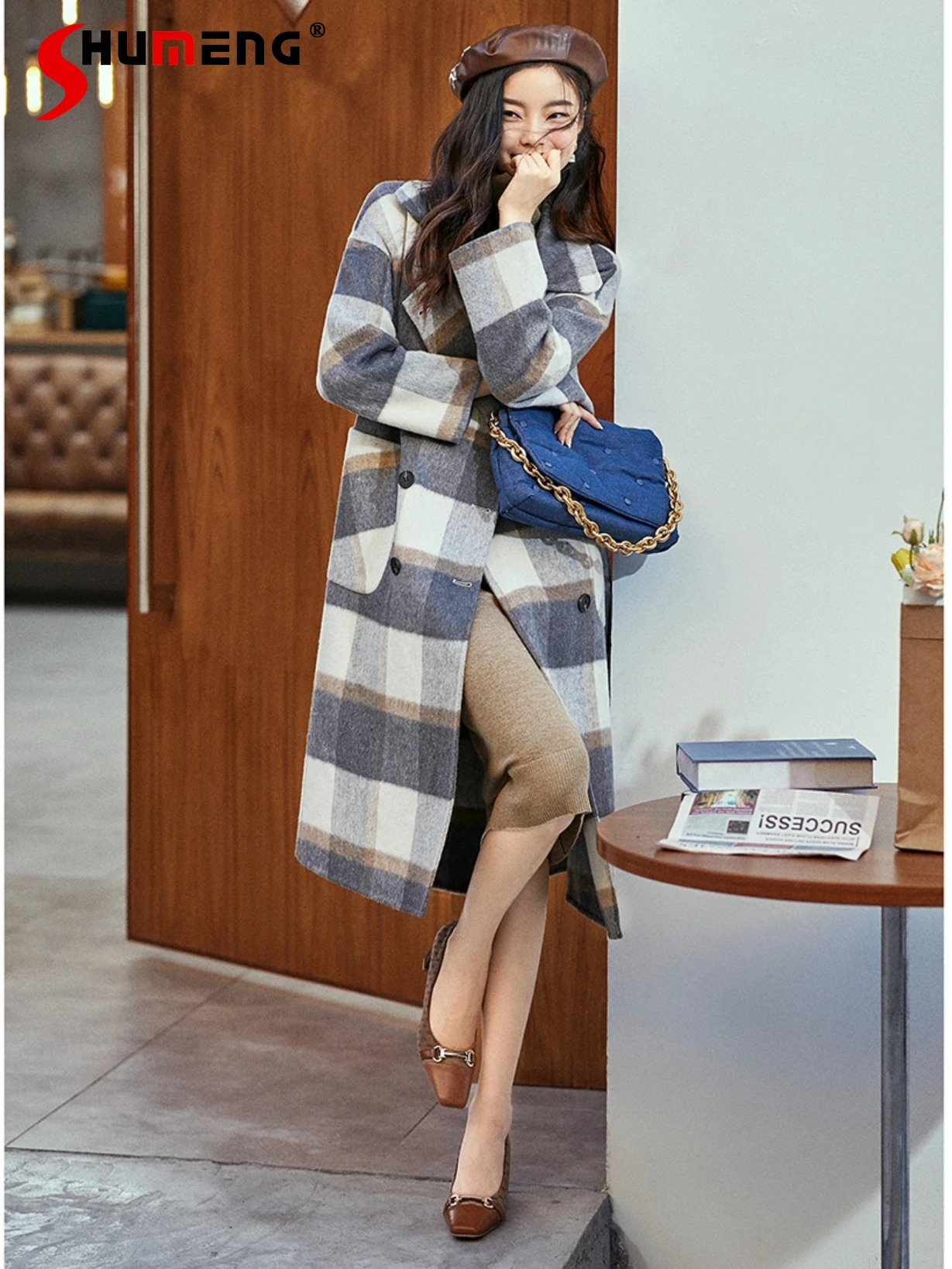 

Double-Faced Woolen Goods High-End Glossy Fine Nice Plaid Coat Lapel Double Breasted Cashmere Long Sleeve Fashion New Coats