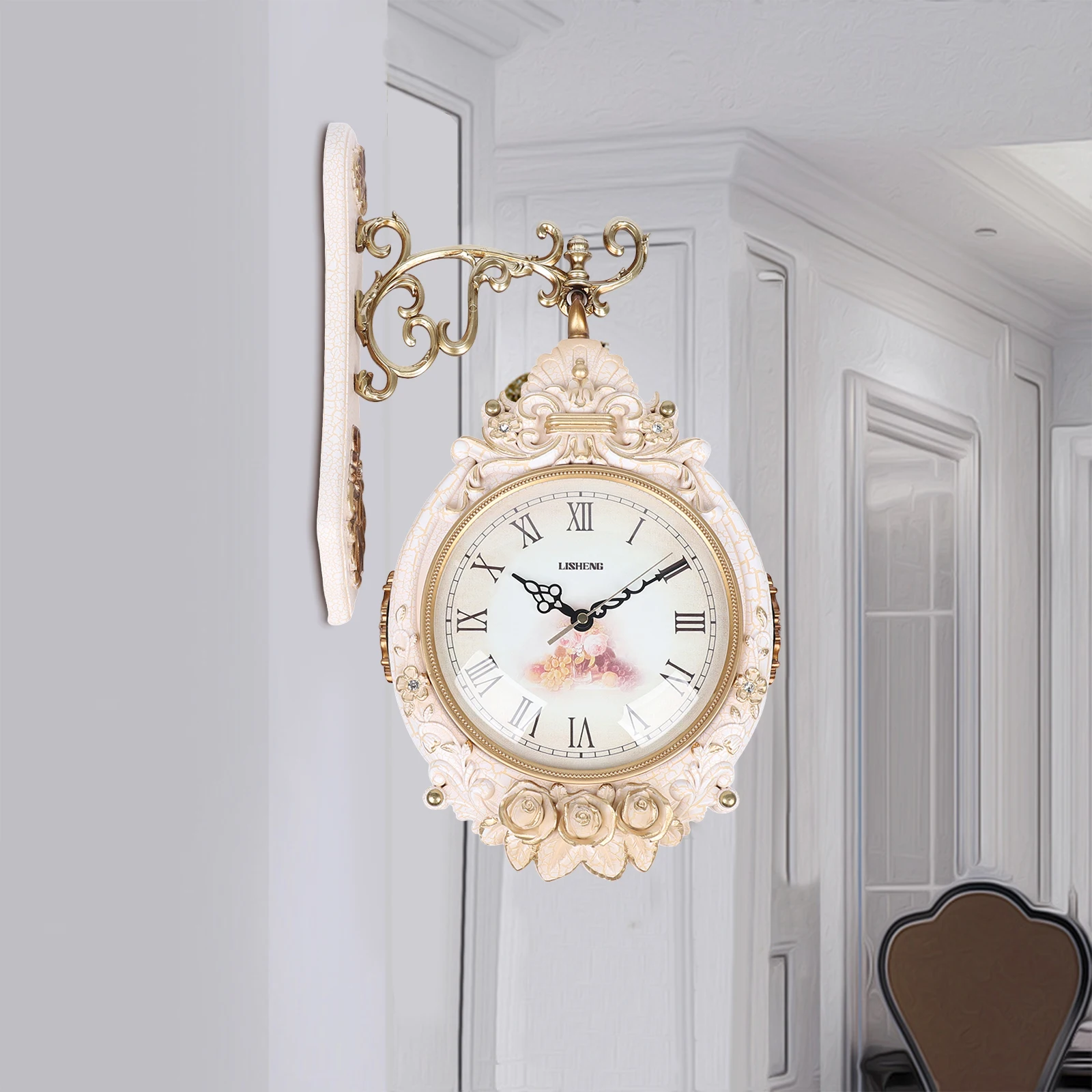 

Double Side Wall Clock 360° with Rotatable Practical Hook and Enclosed Battery Compartment for The Living Room, Entrance Door