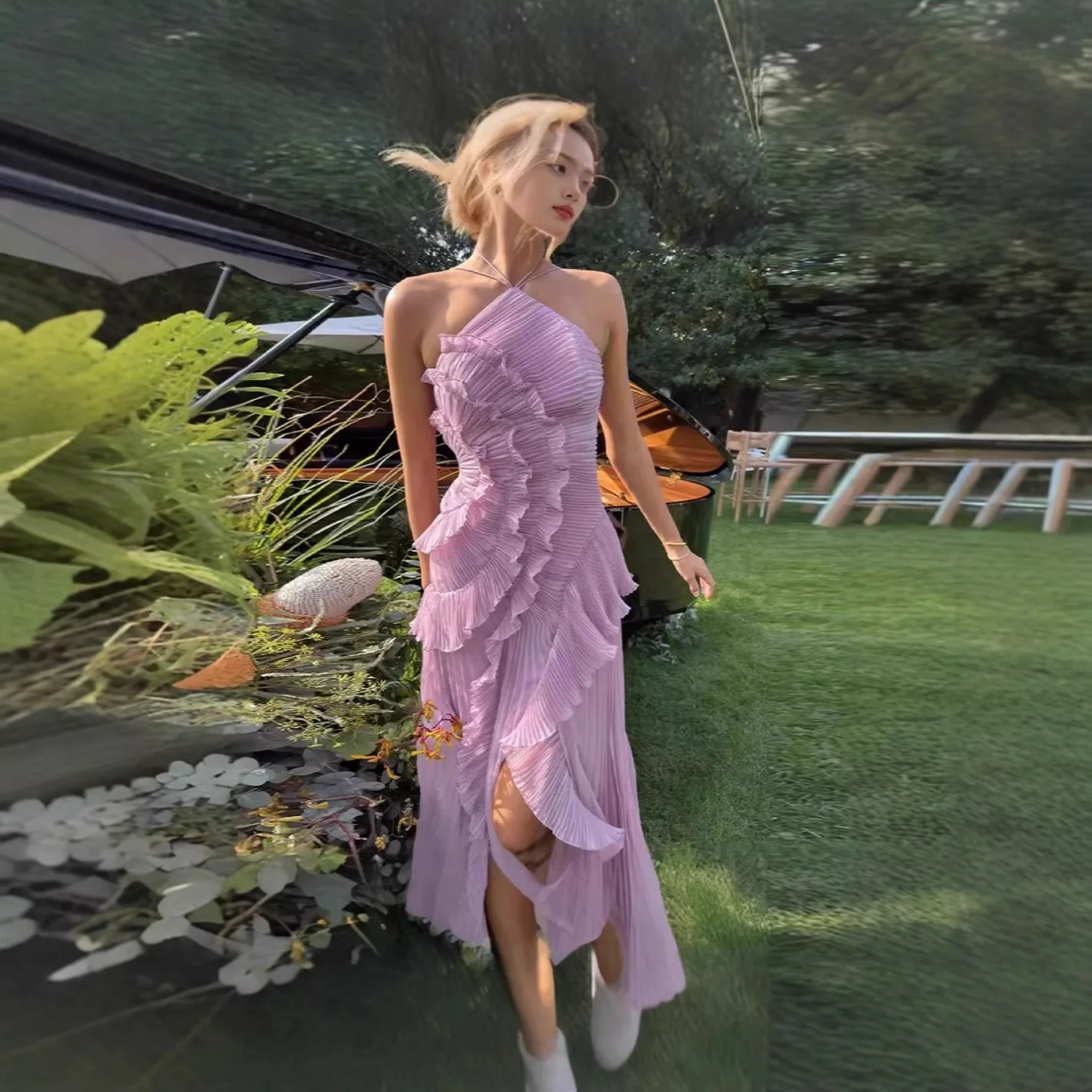 Elegant Chiffon Dress Women Ruffle Pleated Slimming Midi Dresses Spring Summer Flowy Evening Gown