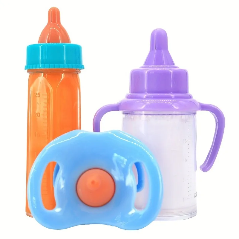 3pcs/set Feeding Bottle Set,  3.34 In Milk Bottles And 3.74 In Juice Bottles With One Pacifier,Doll Accessories Gift