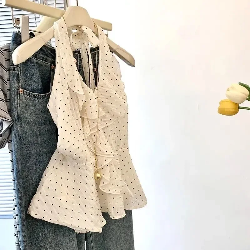 Women's White Polka Dot Halter Top Ruffle Trim Sweet Retro Casual Blouse