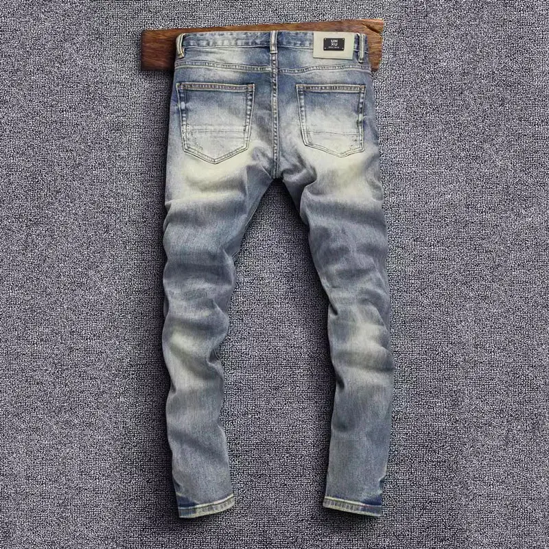High Street Fashion Men Jeans Retro Black Gray Stretch Slim Fit Ripped Jeans Men Embroidery Designer Patched Vintage Denim Pants
