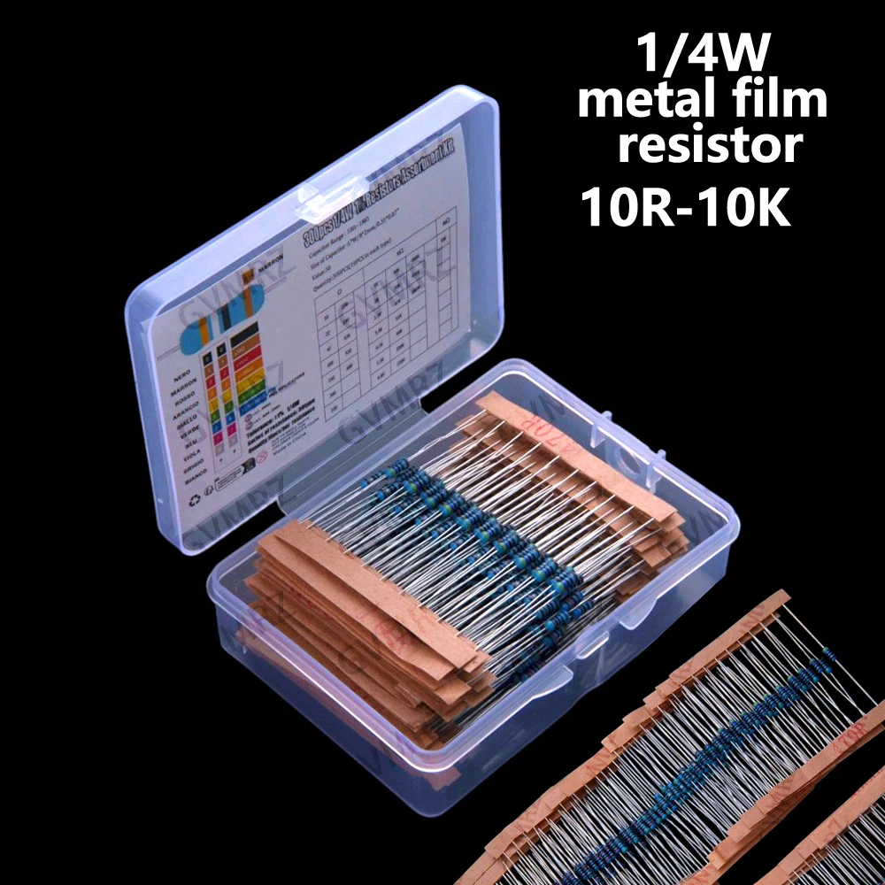 300pcs 10R-10K 1/4W metal film resistor sample pack, 1% accuracy 30 commonly used resistance 47R 100R 22R values 150R 200R 220R