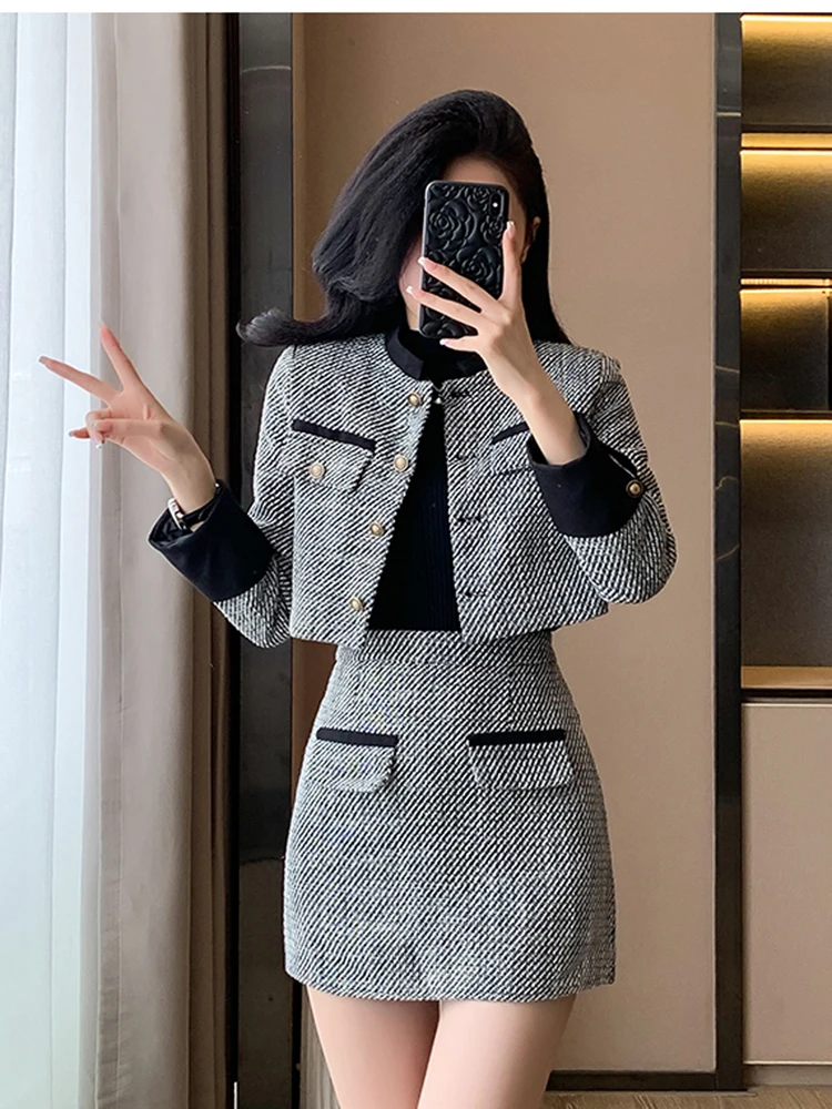 Elegant Small Fragrant Tweed 2 Piece Set Ensemble Femme Vintage Crop Blazer Skirts Jacket+Bodycon Skirt Office Temperament Suits