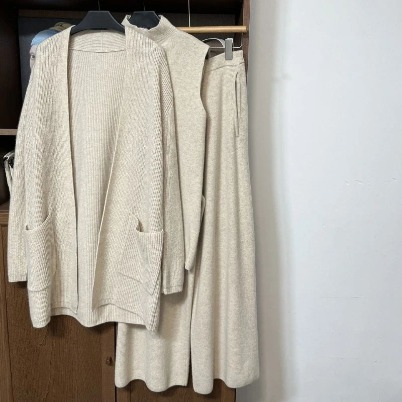 High Quality Cashmere Three-piece Suit Oatmeal/grey/white Vest Cardigan Pants