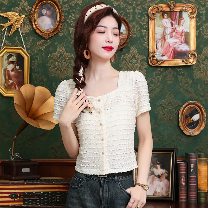 

Women's White Textured Knit Top Square Neck Short Sleeve Button Front Slim Fit Casual Blouse