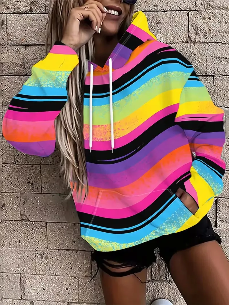 Women's long sleeved hooded sweatshirt, 3D wave striped gradient retro casual kangaroo pocket drawstring classic hoodie