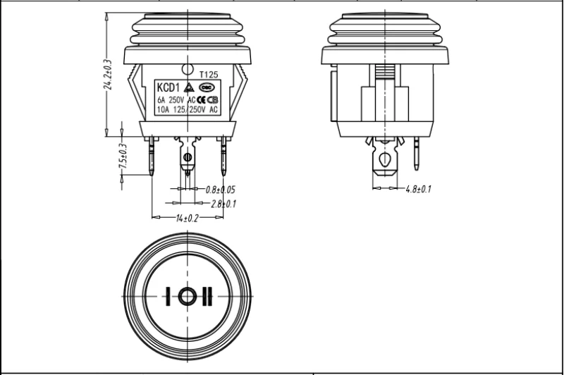 Wasserdichter Bootsschalter, 4-polig, 3-stellig, KCD1, Außendurchmesser 23mm, Montageloch 20mm, mit Beleuchtung 6A 250V – Detail 3