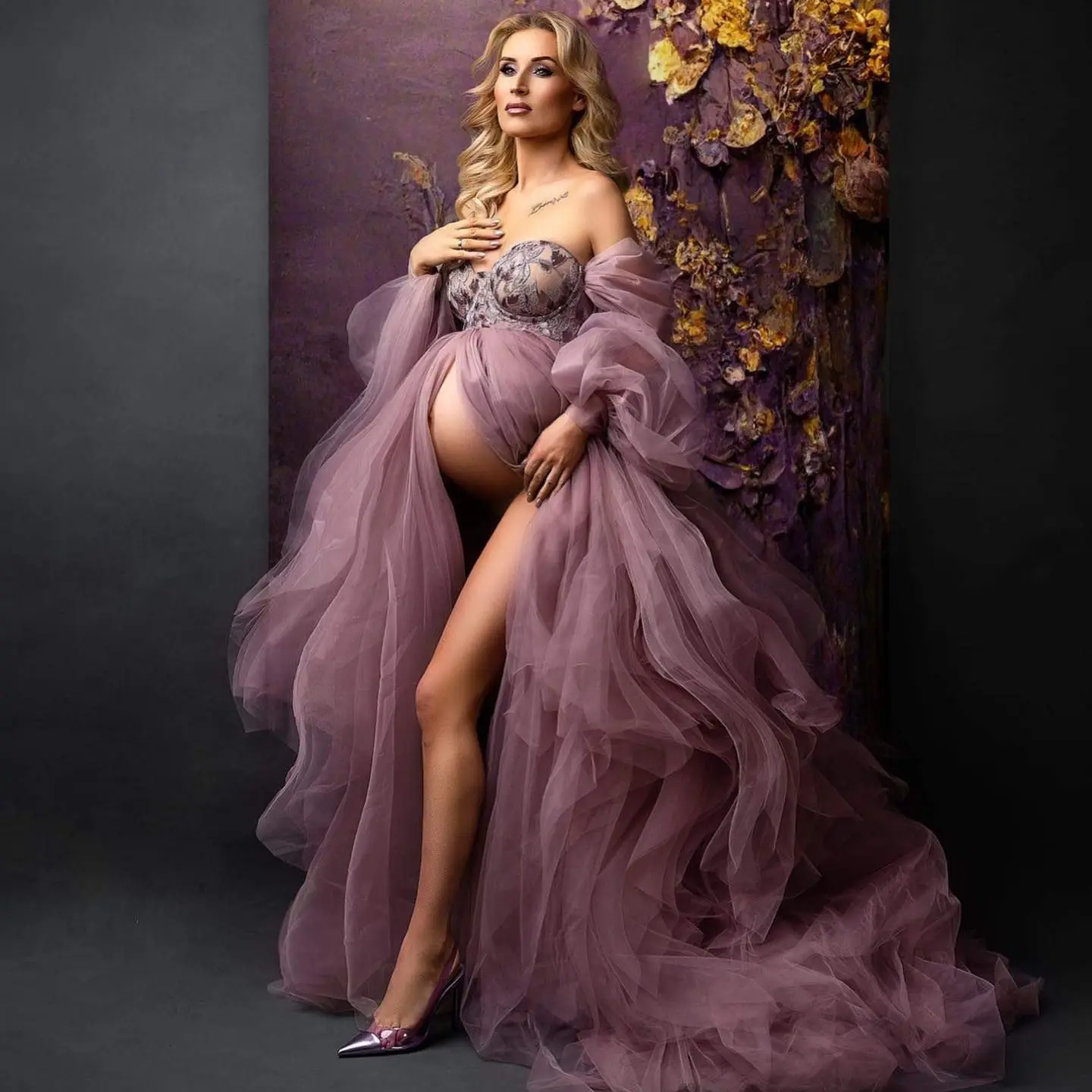 Illusion Purple Maternity Dress for Photoshoot Ruffles Mix Tulle Prom Dress Split Party Wear Pregnancy Babyshower Bathrobe