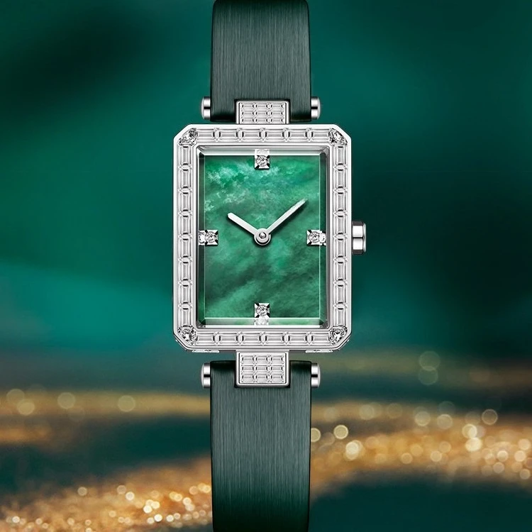 retro small green  square jewelry women's watch real diamond simple temperament quartz  high sense