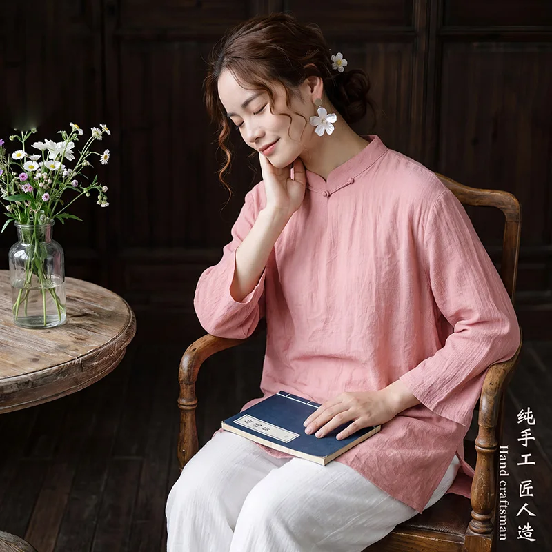 Chinese Style Tai Chi Suit Spring Autumn Tea Clothing Loose Comfortable Qi Gong Ba Duan Jin Frog Button Contrast Gauze Linen