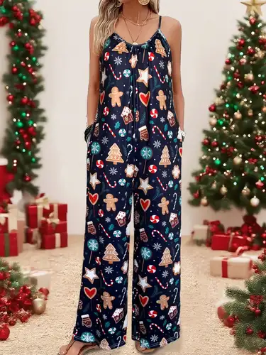 Imagen 1 del producto Mono navideño con tirantes finos y estampado de pan de jengibre para mujer, ropa festiva con estampado de pan de jengibre a la moda para galletas navideñas