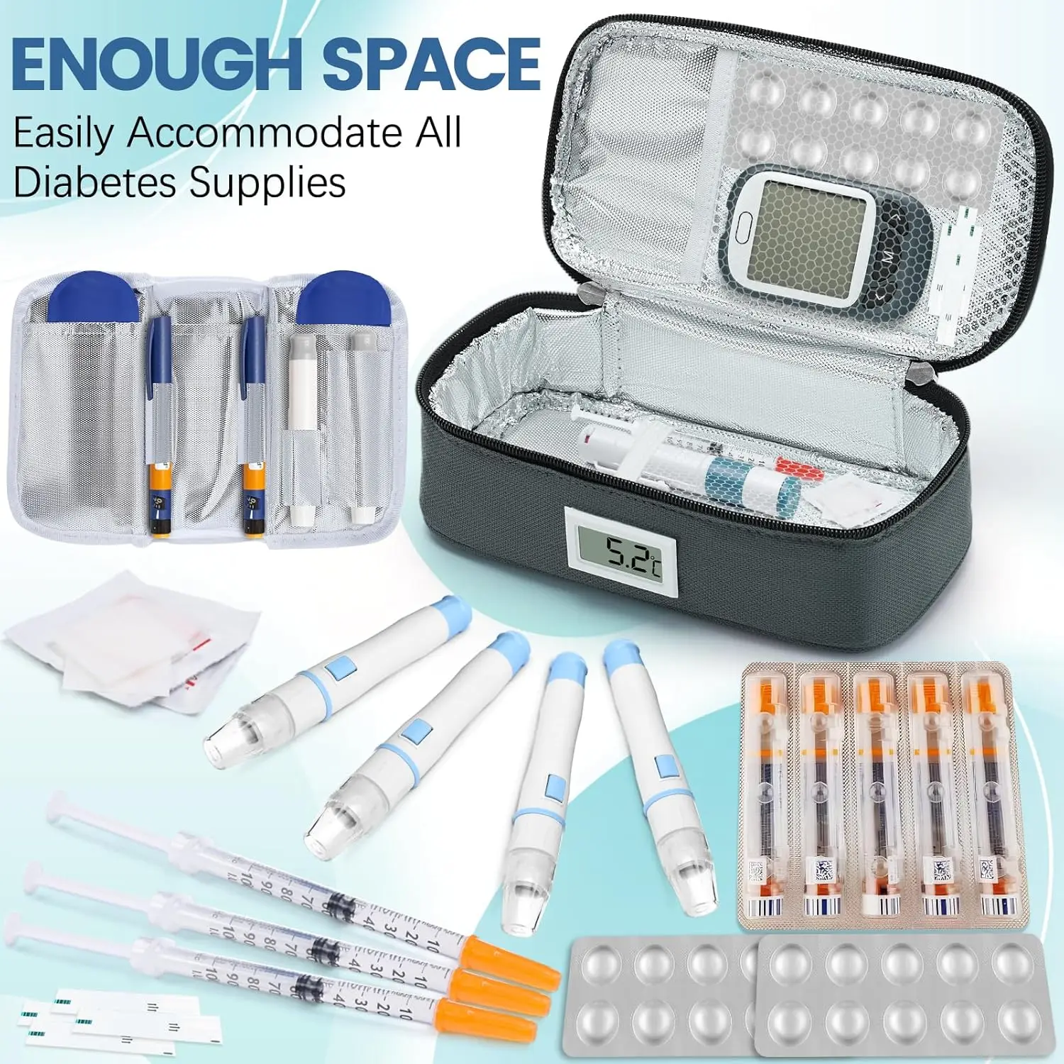 صندوق تبريد أنسولين مريح لاستقبال الأدوية ثلاجة صغيرة مع عبوتين ثلج لعرض درجة الحرارة LED