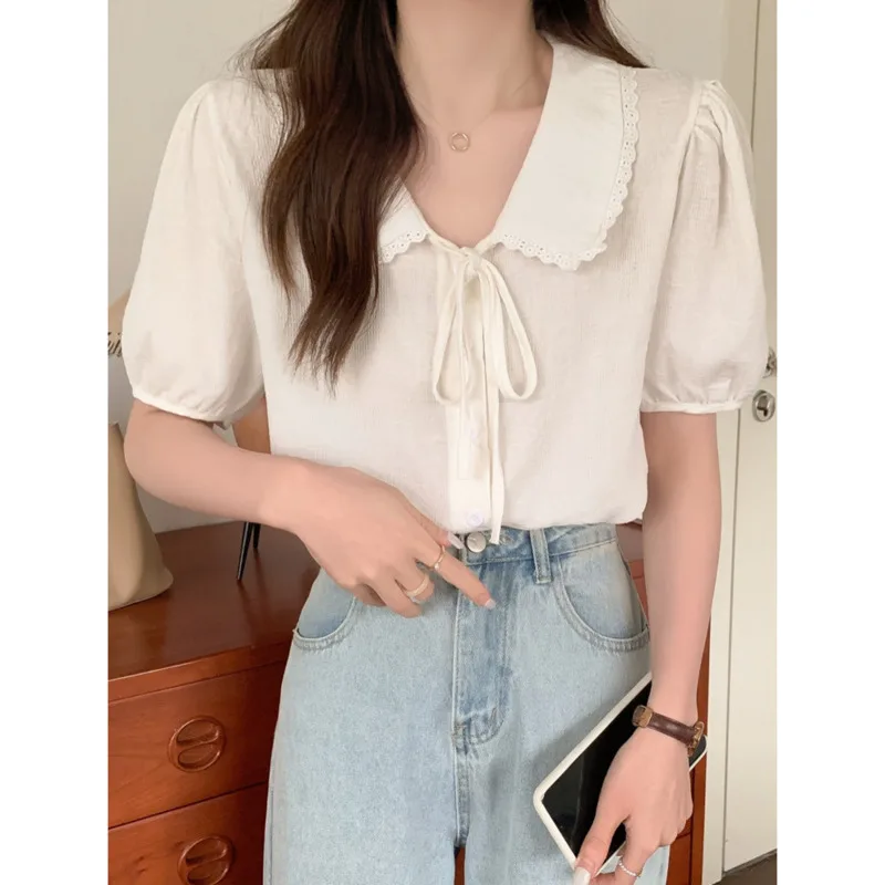 

Summer Thin Puff Sleeve White Chic Short Shirt Women Short Sleeve Hollow Out Lace Up Tops Peter Pan Collar Preppy Style Blouses