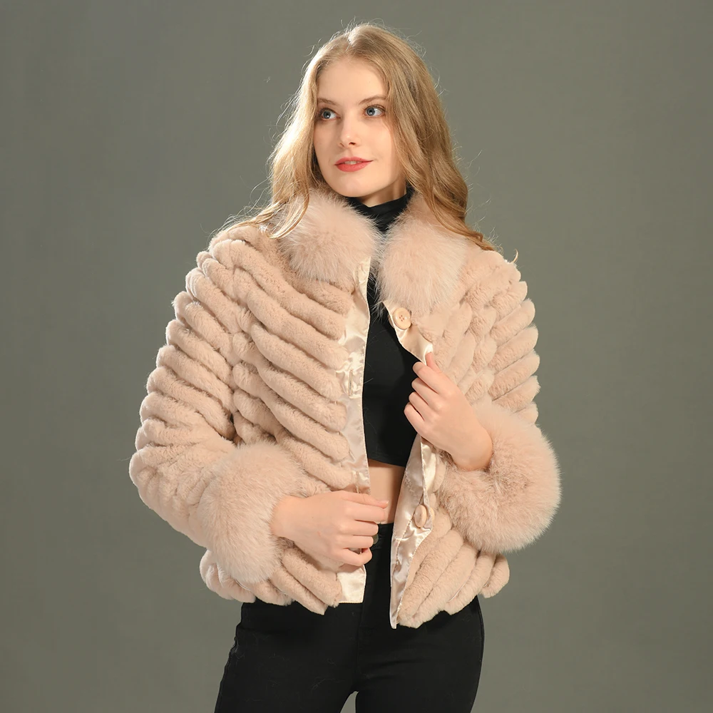 Jaxmonoy المرأة عكسها الفراء سترة السيدات خريف شتاء موضة معطف فرو الأرنب الحقيقي مع حواف فرو الثعلب الفاخرة Casaco معاطف جديد