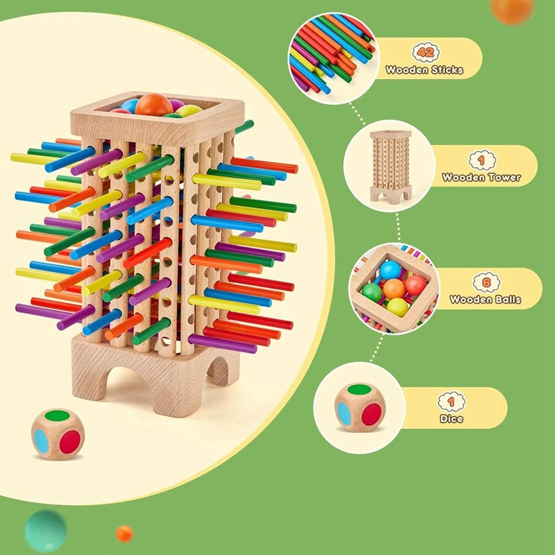 Houten Bordspel Montessori Speelgoed, 42 Kleurrijk Stokjes Dobbelspel Wiskunde Educatief Speelgoed, Familie Leuk Bal Dropping Game