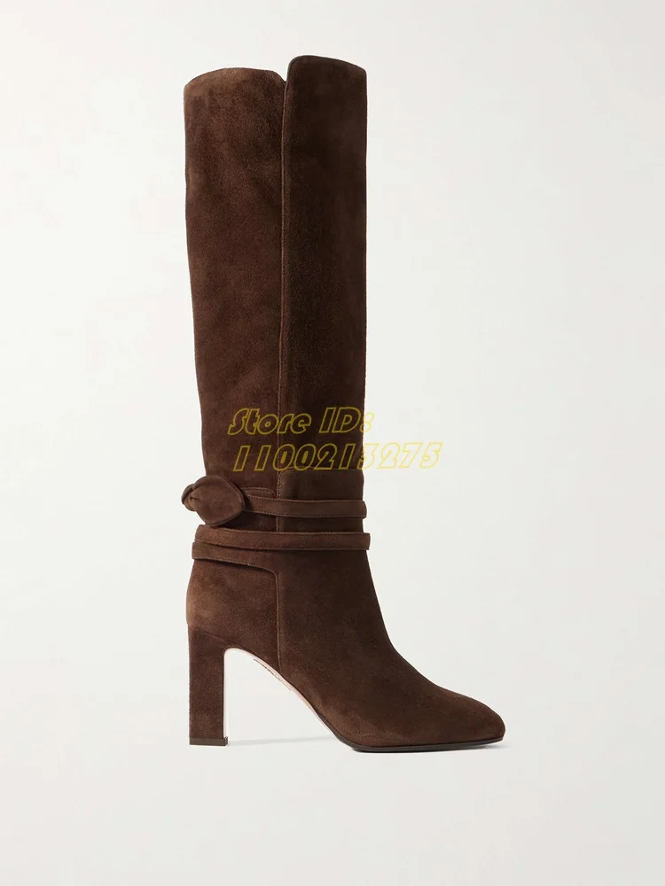 Bow Tie Suede Knee Boots Wrap-around Straps Almond Toes Block Heel Slip On Ankle Straps Fashion 2024 Winter Women Dress Shoes