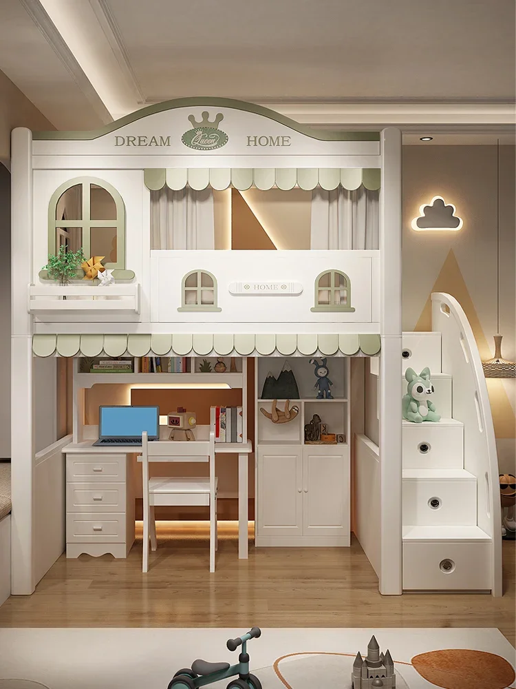 

Children's castle tree house bed, staggered bunk, double high and low , lower table, combination desk, wardrobe