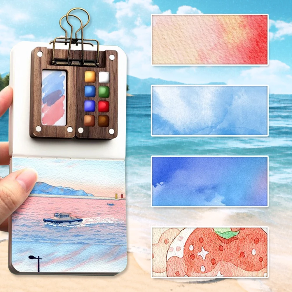 Travel Paint Palette Pocket Artist Watercolor Set with Clip Portable Watercolor Set Wooden Grid Paint Box Gift for Kids